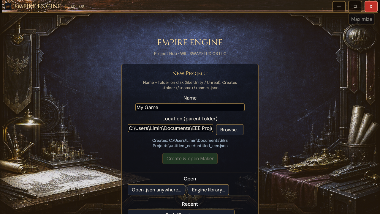 Empire Engine Editor Project Hub, captured from the running Maker